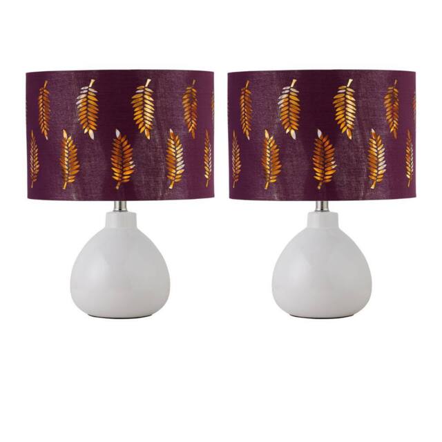 First Choice Lighting Set of 2 Tuscan - White Ceramic Lamps with Burgundy Fern Shades - image 1