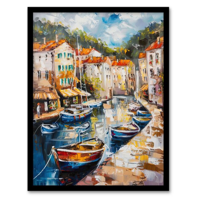 "Artery8 French Fishing Town Canal Boats Townscape Framed Art Print - Size: W12"" x H16""" - image 1