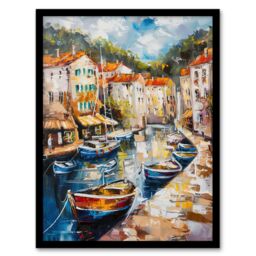 "Artery8 French Fishing Town Canal Boats Townscape Framed Art Print - Size: W12"" x H16""" - thumbnail 1