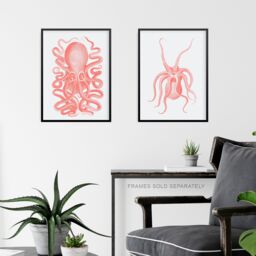 Artery8 Wall Art Print Pink Octopus Marine Sea Life Set Of 2 s Bathroom Bedroom Aesthetic Vintage A4 - thumbnail 6