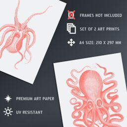 Artery8 Wall Art Print Pink Octopus Marine Sea Life Set Of 2 s Bathroom Bedroom Aesthetic Vintage A4 - thumbnail 4