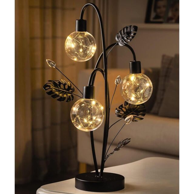 mysmartbuy Golden Lily Globe Table Lamp - Battery Powered Black Art Deco Light with 24 LED Lights in 3 Orb Spheres & Metal Leaf Accents - image 1