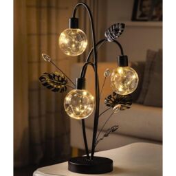 mysmartbuy Golden Lily Globe Table Lamp - Battery Powered Black Art Deco Light with 24 LED Lights in 3 Orb Spheres & Metal Leaf Accents - thumbnail 1