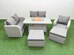 Fimous High Back Poly Rattan Garden Furniture Set w/ Reclining Chair Loveseat Sofa Firepit Dining Table Indoor Outdoor Patio Set 2 Big Stool Light - thumbnail 2