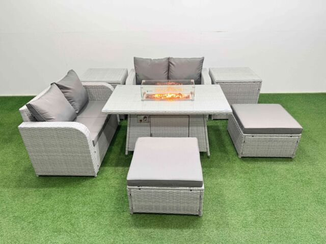 Fimous 6 Seater Outdoor Love Sofa Set Rattan Garden Furniture Set with Firepit Dining Table 2 Footstool 2 Side Tables Light Grey - image 1