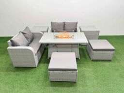 Fimous 6 Seater Outdoor Love Sofa Set Rattan Garden Furniture Set with Firepit Dining Table 2 Footstool 2 Side Tables Light Grey - thumbnail 2
