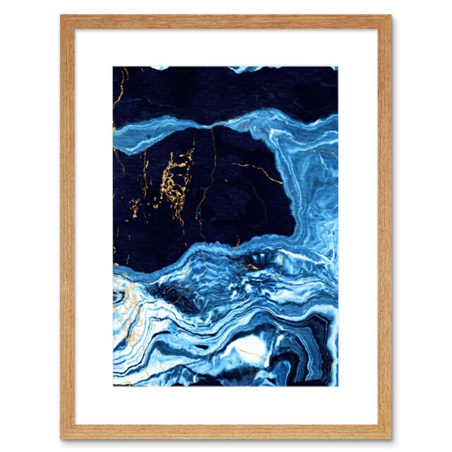 "Artery8 Wall Art Print Abstract Dark Blue Gold Drips Art Framed 9x7 inch in Beige - Size: W7"" x H9""" - image 1
