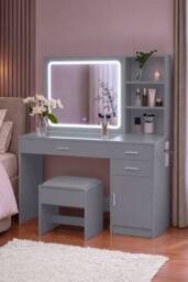 Home Discount Vida Designs Clova LED Dressing Table 3 Drawer 1 Door & 2 Shelves in Grey - thumbnail 1