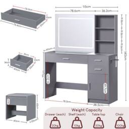 Home Discount Vida Designs Clova LED Dressing Table 3 Drawer 1 Door & 2 Shelves in Grey - thumbnail 3