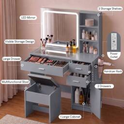 Home Discount Vida Designs Clova LED Dressing Table 3 Drawer 1 Door & 2 Shelves in Grey - thumbnail 4