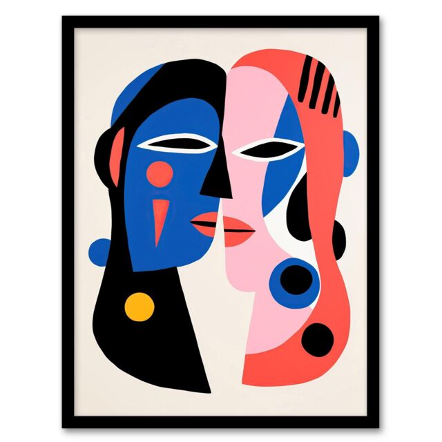 "Wee Blue Coo Wall Art Print Just the Two of Us Couple in Love Abstract Cubist Blue Pink Oil Painting Art Framed - Size: W12"" x H16""" - image 1