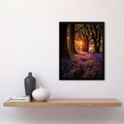 Artery8 Wall Art Print Purple Bluebell Woods At Dawn Sunrise Peaceful Elegant Artwork Art Framed in Black - Size: A4 - thumbnail 4