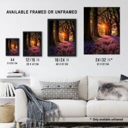 Artery8 Wall Art Print Purple Bluebell Woods At Dawn Sunrise Peaceful Elegant Artwork Art Framed in Black - Size: A4 - thumbnail 3