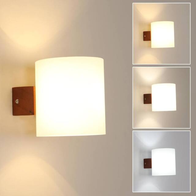 Goeco E27 Wood Interior Wall Light with Tri-Colour Bulb, Brown, Glass Shade in Brown - image 1