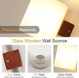 Goeco E27 Wood Interior Wall Light with Tri-Colour Bulb, Brown, Glass Shade in Brown - thumbnail 5
