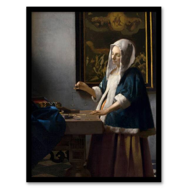 Artery8 Johannes Vermeer Framed Wall Art Print Woman Holding a Balance in Grey - Size: A4 - image 1