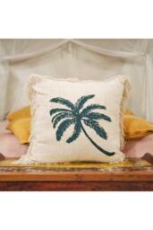 KDMD Linen Cushion Cover 60x60cm with Palm Tree & Fringe - Tropical Decor in Cream - Size: 60x60 cm - thumbnail 2