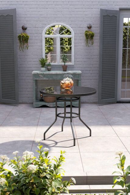 H&O Direct Outdoor Tempered & Metallic Glass Garden Table with Parasol Hole in Black - image 1