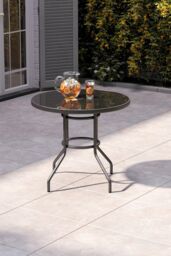 H&O Direct Outdoor Tempered & Metallic Glass Garden Table with Parasol Hole in Black - thumbnail 3