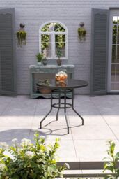 H&O Direct Outdoor Tempered & Metallic Glass Garden Table with Parasol Hole in Black - thumbnail 1