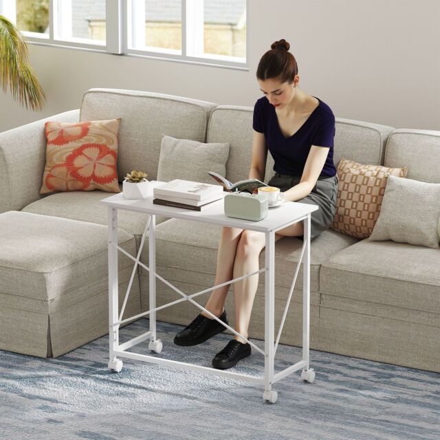 HOMCOM Folding Desk on Wheels, Writing Table for Home Office, White - image 1