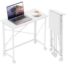 HOMCOM Folding Desk on Wheels, Writing Table for Home Office, White - thumbnail 2