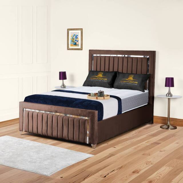 UK Bed Furniture Chrome Edge Slatted Base Upholstered Bed Frame with 48-inch Headboard in Brown - Size: Double - image 1