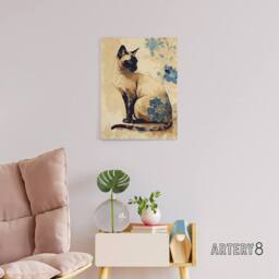 "Artery8 Siamese Cat Floral Watercolour Portrait Canvas Wall Art Print - Size: W18"" x H24""" - thumbnail 3
