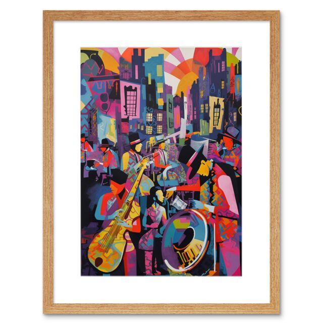 Artery8 Wall Art Print New Orleans Jazz Festival Street Musicians Playing Music City at Sunset Abstract Modern Painting Artwork Framed 9X7 Inch - image 1