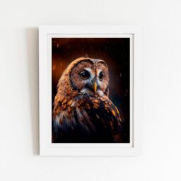 "Warren Reed - Designer Tawny Owl Face Splashart Dark Background Framed Art Print in White - Size: W12"" x H16""" - thumbnail 1