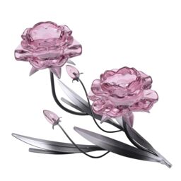 Hestia Pink Glass Rose 2 Stem Candle Holder With 2 Tone Black & Silver Base - thumbnail 2
