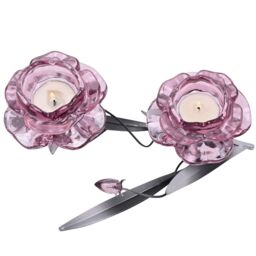 Hestia Pink Glass Rose 2 Stem Candle Holder With 2 Tone Black & Silver Base - thumbnail 3