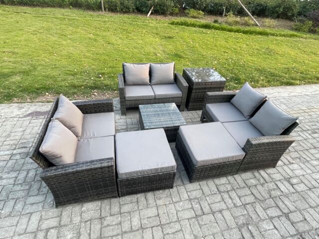 Fimous Outdoor Lounge Sofa Set Wicker PE Rattan Garden Furniture Set with Square Coffee Table Double Seat Sofa 2 Big Footstool in Dark Grey - image 1