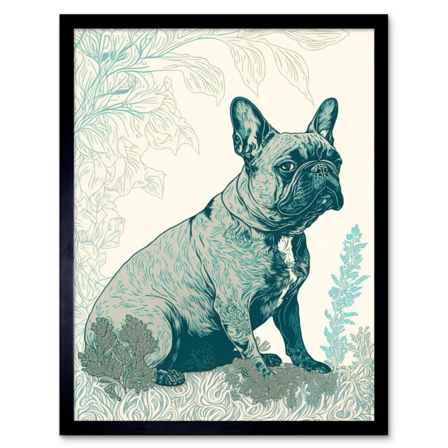 "Artery8 Wall Art Print French Bulldog Sitting in the Park Modern Monochrome Linocut Art Framed in Black - Size: W12"" x H16""" - image 1