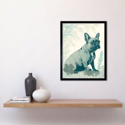 "Artery8 Wall Art Print French Bulldog Sitting in the Park Modern Monochrome Linocut Art Framed in Black - Size: W12"" x H16""" - thumbnail 2
