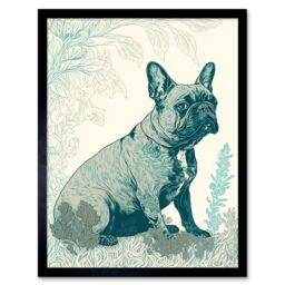 "Artery8 Wall Art Print French Bulldog Sitting in the Park Modern Monochrome Linocut Art Framed in Black - Size: W12"" x H16""" - thumbnail 1