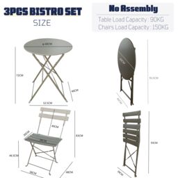 FURNITURE ONE Metal Bistro Set, Folding Patio Furniture Table & Chairs Set of 2 in Grey - Size: 2 Seater - thumbnail 6