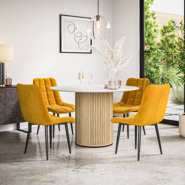 More4Homes Arlo White Marble Table Top W Oak Legs + Nova Velvet Dining Chair Set Of 4 in Mustard - image 1