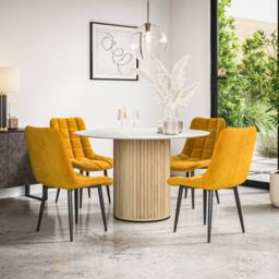 More4Homes Arlo White Marble Table Top W Oak Legs + Nova Velvet Dining Chair Set Of 4 in Mustard - thumbnail 1