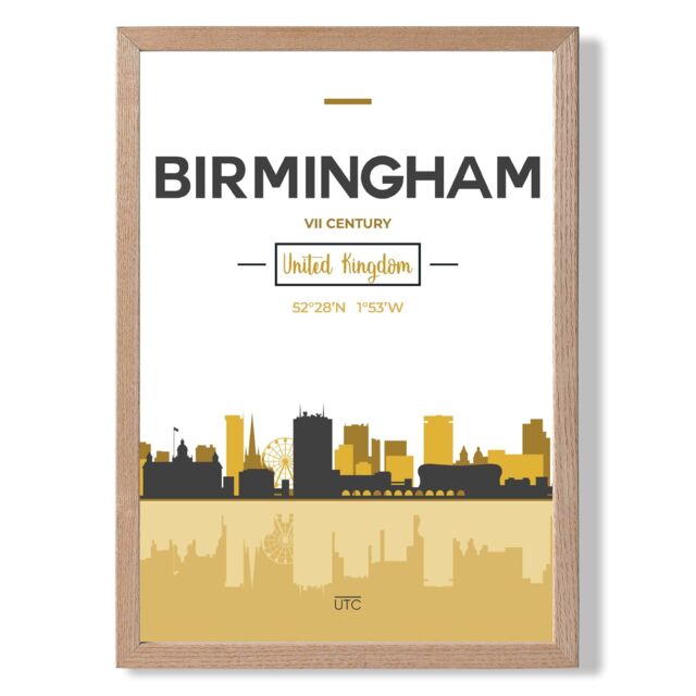 ARTZE Birmingham Yellow & Black City Skyline Framed Print SIZE: A2 with Oak Frame - Size: A4 - image 1