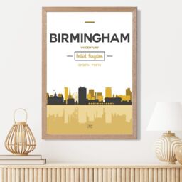 ARTZE Birmingham Yellow & Black City Skyline Framed Print SIZE: A2 with Oak Frame - Size: A4 - thumbnail 2