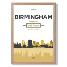 ARTZE Birmingham Yellow & Black City Skyline Framed Print SIZE: A2 with Oak Frame - Size: A4 - thumbnail 1
