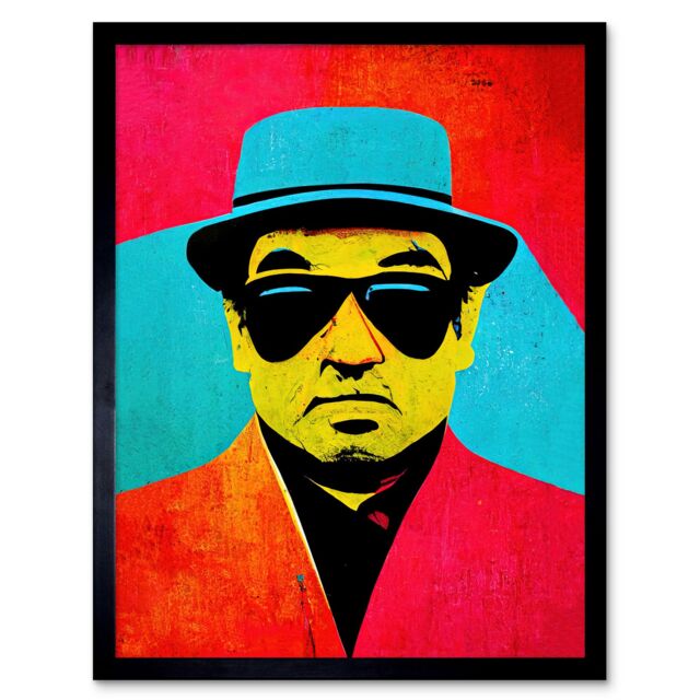 "Artery8 Wall Art Print Pop Art Bright Jazz Musician Pork Pie Hat Sunglasses Red Turquoise Yellow Art Framed in Black - Size: W12"" x H16""" - image 1