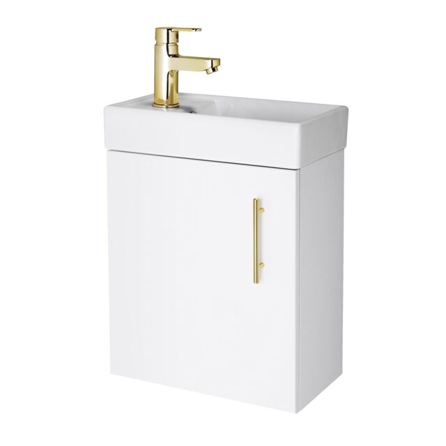 Balterley Floor Standing Vanity Basin 400mm Gloss White & Brushed Brass Handle - image 1
