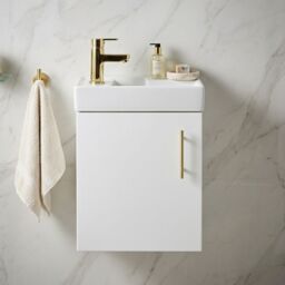 Balterley Floor Standing Vanity Basin 400mm Gloss White & Brushed Brass Handle - thumbnail 8