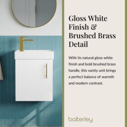Balterley Floor Standing Vanity Basin 400mm Gloss White & Brushed Brass Handle - thumbnail 4