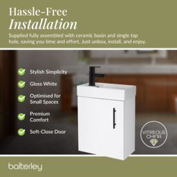 Balterley Floor Standing Vanity Basin 400mm Gloss White & Brushed Brass Handle - thumbnail 7