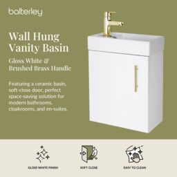 Balterley Floor Standing Vanity Basin 400mm Gloss White & Brushed Brass Handle - thumbnail 2