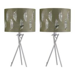 First Choice Lighting Set of 2 Tripod Table Lamps with Sage Green Fern Cut Out Shades in Silver - thumbnail 1