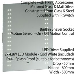 Loops 2 PACK IP44 LED Bathroom Mirror 60cm x 50cm Vanity Light Shaver Socket & Motion - Size: 60 cm x 50 cm - thumbnail 3